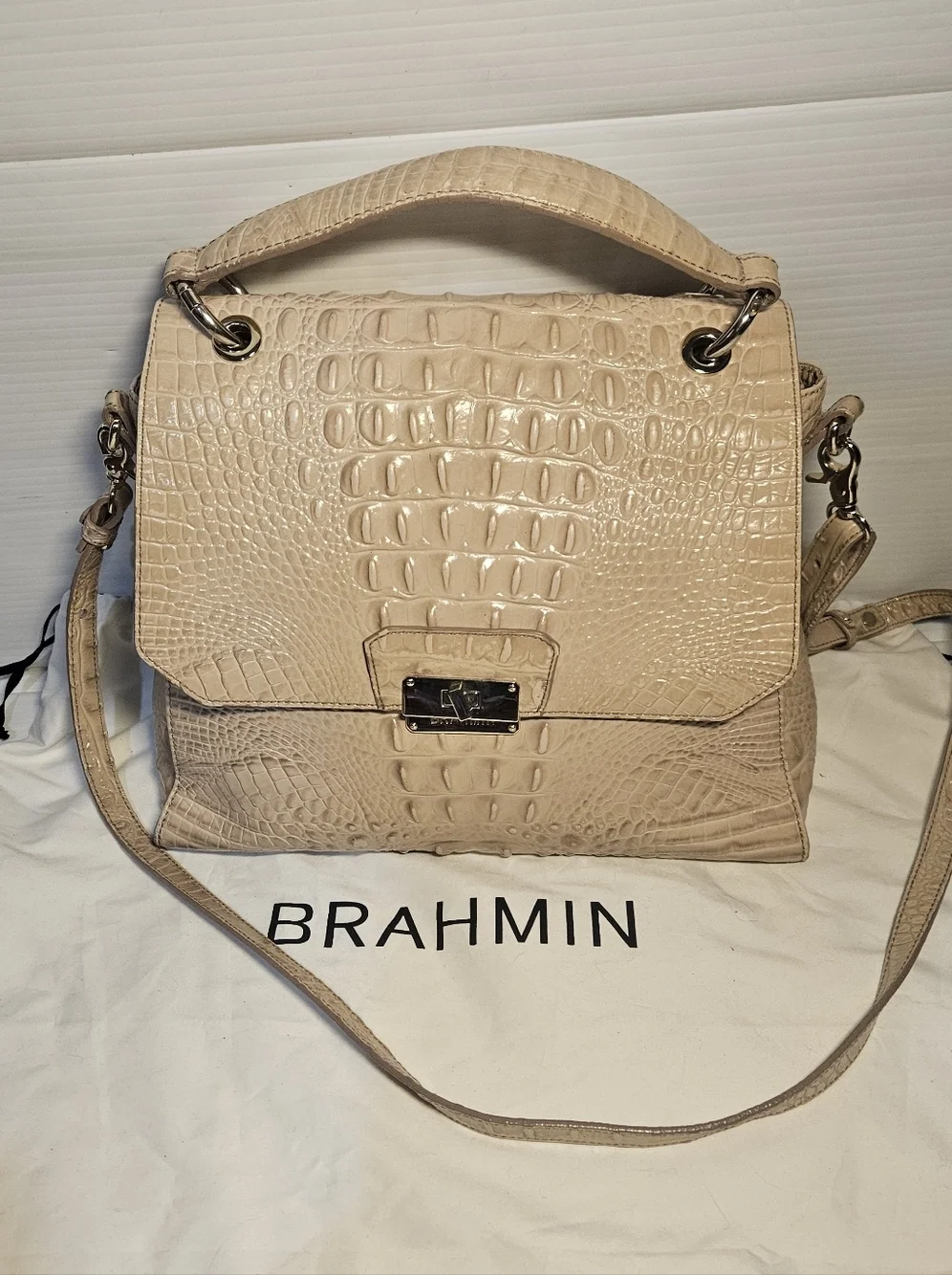 Brahmin Brinley Silk Croc Embossed Leather Satchel Top Handle Crossbody Purse